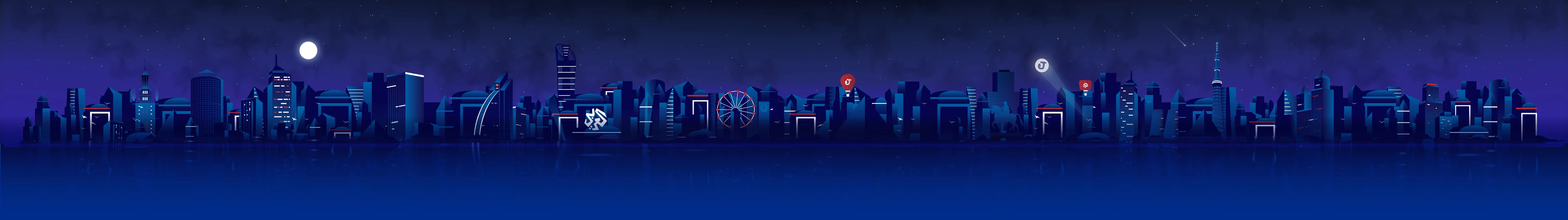 The animated backdrop: a night skyline in blues and violets, reflected in water, with a moon, a ferris wheel and the show’s marks lit up among the towers.