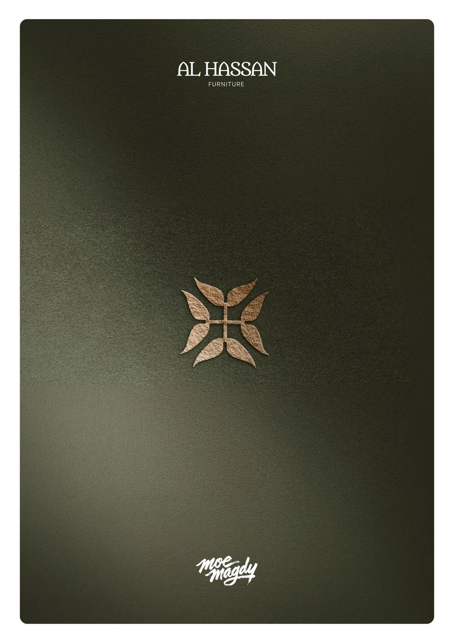 The six-page identity document: the olive cover with the mark embossed on it; Jordanian Heritage Meets Swiss Luxury, on the shimagh chevron the emblem is built from; the primary logo and the four-colour palette; the social templates; the business card; and the back cover.