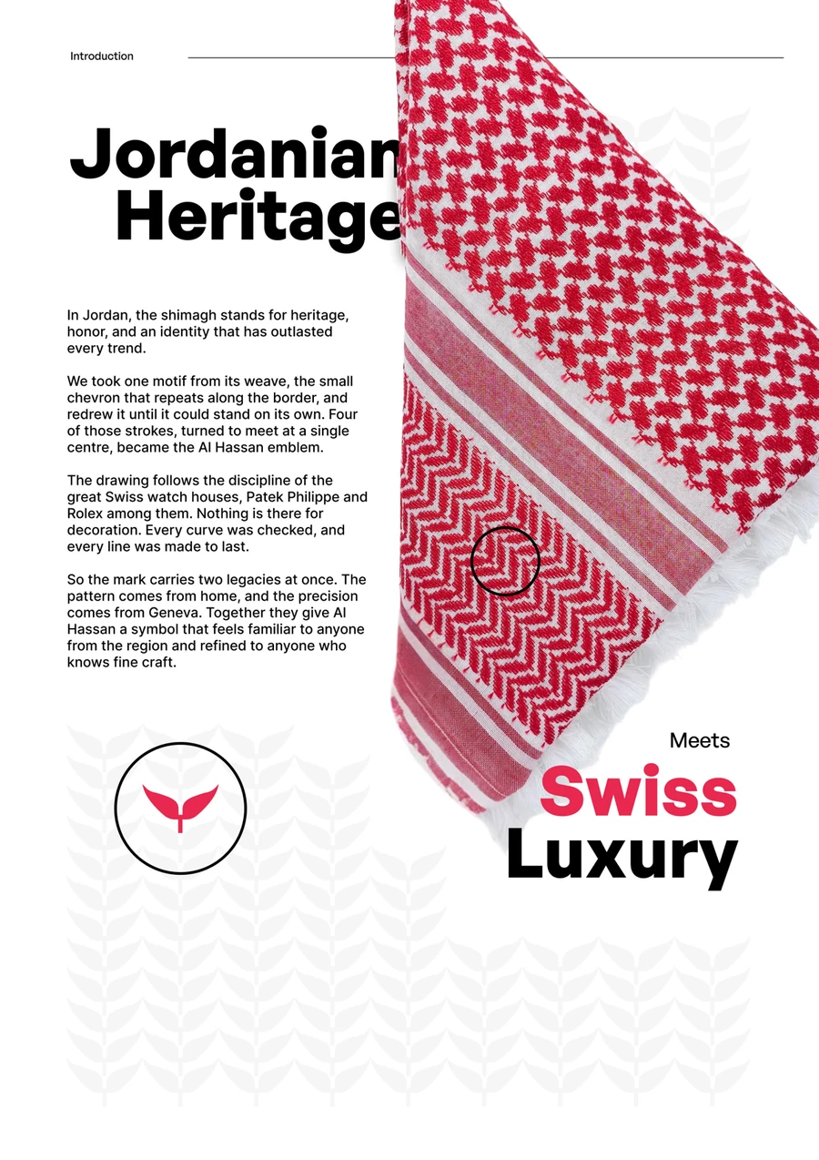 The six-page identity document: the olive cover with the mark embossed on it; Jordanian Heritage Meets Swiss Luxury, on the shimagh chevron the emblem is built from; the primary logo and the four-colour palette; the social templates; the business card; and the back cover.