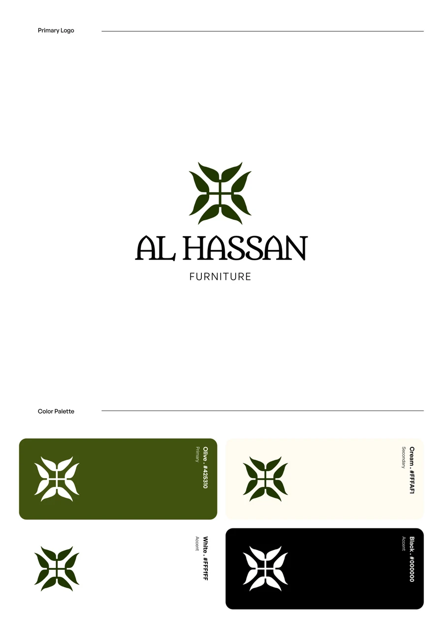 The six-page identity document: the olive cover with the mark embossed on it; Jordanian Heritage Meets Swiss Luxury, on the shimagh chevron the emblem is built from; the primary logo and the four-colour palette; the social templates; the business card; and the back cover.