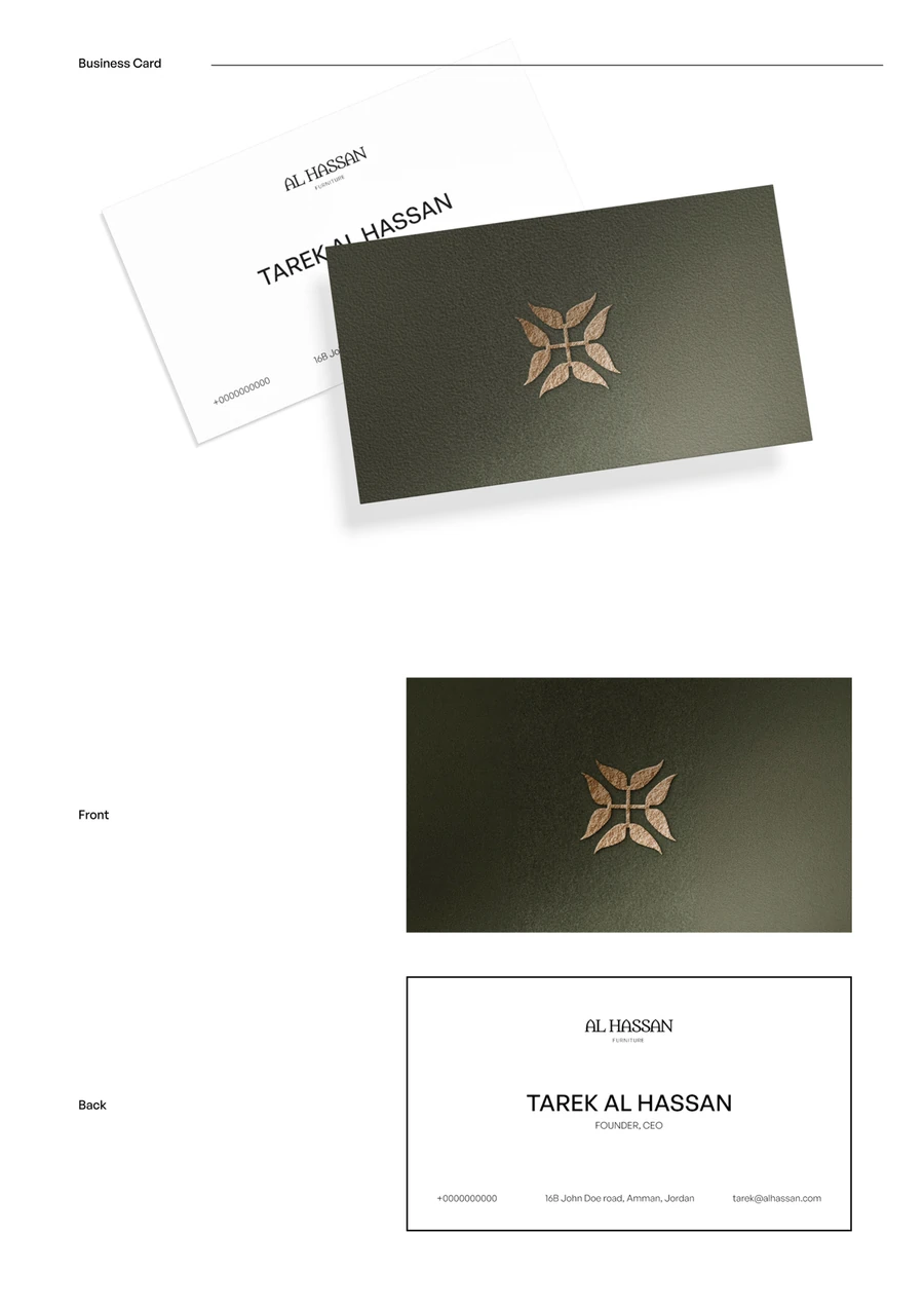The six-page identity document: the olive cover with the mark embossed on it; Jordanian Heritage Meets Swiss Luxury, on the shimagh chevron the emblem is built from; the primary logo and the four-colour palette; the social templates; the business card; and the back cover.