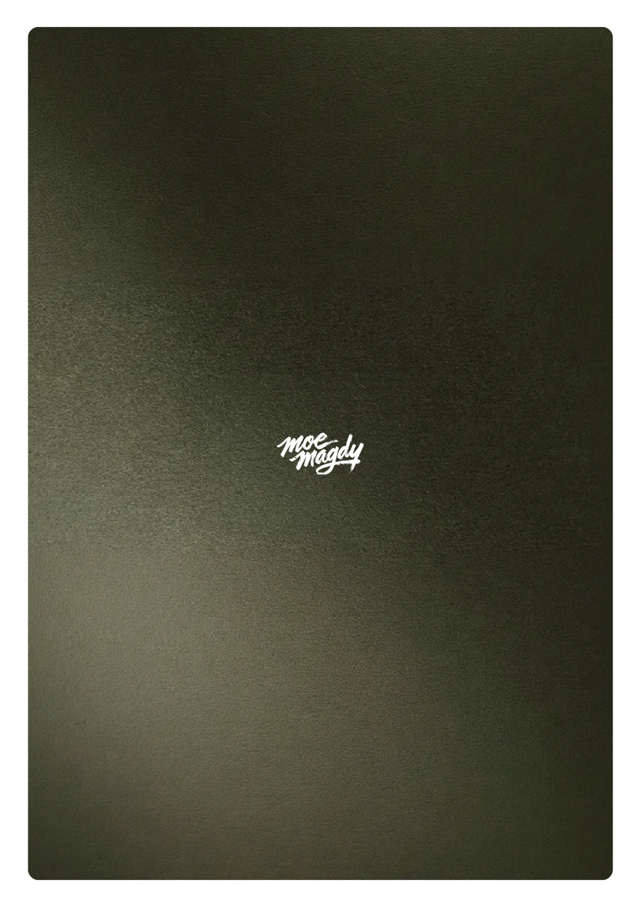 The six-page identity document: the olive cover with the mark embossed on it; Jordanian Heritage Meets Swiss Luxury, on the shimagh chevron the emblem is built from; the primary logo and the four-colour palette; the social templates; the business card; and the back cover.