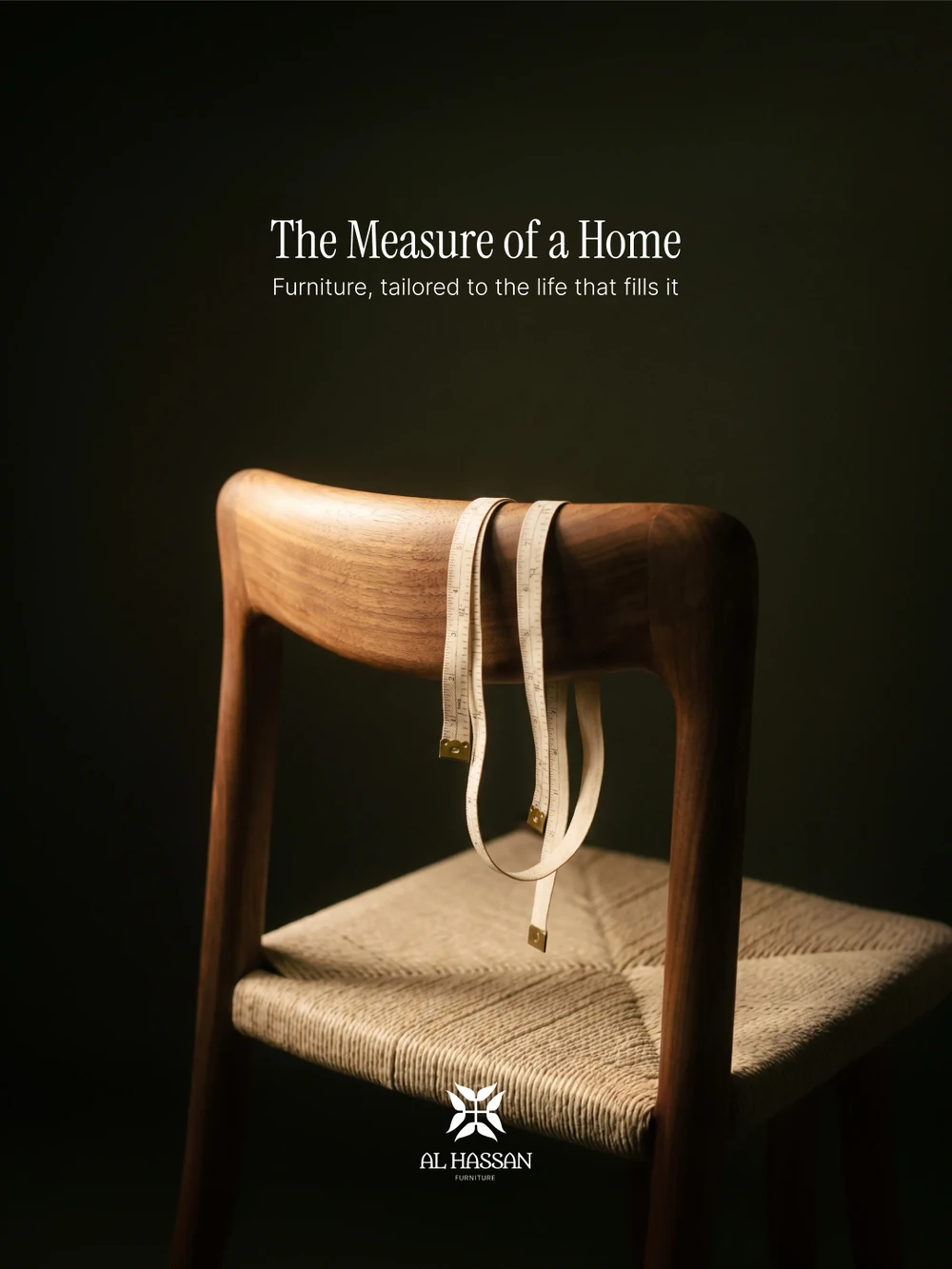 A six-frame campaign, each a single piece in a dark olive studio with a tailor’s tool on it: The Measure of a Home, a tape measure over a woven-seat chair; Cut for One Room, pins in a calico sofa arm; Where Every Piece Belongs, a folding rule on a fluted sideboard; Nothing Off the Shelf, a threaded needle in a tan leather armchair; Shaped by Your Space, a tape over an olive velvet tub chair; Made to Stay for Generations, a machinist’s square on a travertine table.