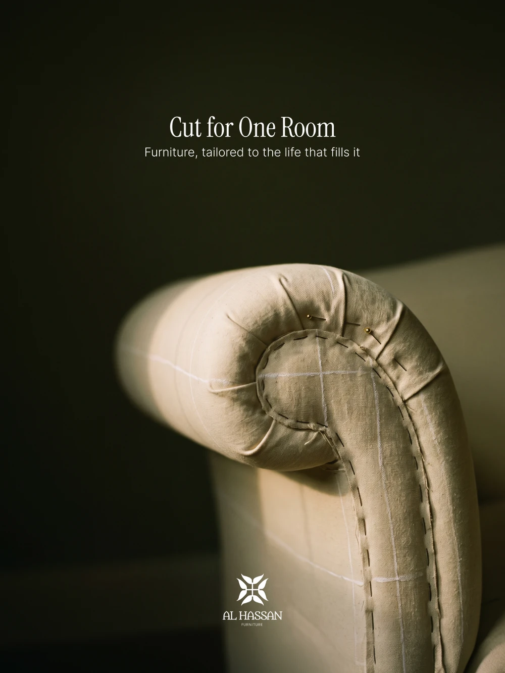 A six-frame campaign, each a single piece in a dark olive studio with a tailor’s tool on it: The Measure of a Home, a tape measure over a woven-seat chair; Cut for One Room, pins in a calico sofa arm; Where Every Piece Belongs, a folding rule on a fluted sideboard; Nothing Off the Shelf, a threaded needle in a tan leather armchair; Shaped by Your Space, a tape over an olive velvet tub chair; Made to Stay for Generations, a machinist’s square on a travertine table.