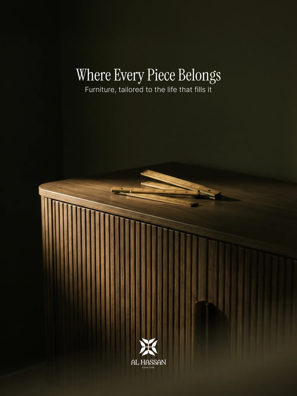 A six-frame campaign, each a single piece in a dark olive studio with a tailor’s tool on it: The Measure of a Home, a tape measure over a woven-seat chair; Cut for One Room, pins in a calico sofa arm; Where Every Piece Belongs, a folding rule on a fluted sideboard; Nothing Off the Shelf, a threaded needle in a tan leather armchair; Shaped by Your Space, a tape over an olive velvet tub chair; Made to Stay for Generations, a machinist’s square on a travertine table.