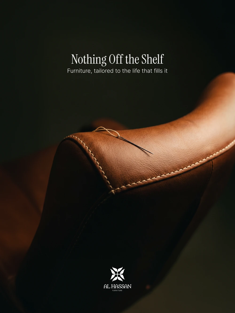 A six-frame campaign, each a single piece in a dark olive studio with a tailor’s tool on it: The Measure of a Home, a tape measure over a woven-seat chair; Cut for One Room, pins in a calico sofa arm; Where Every Piece Belongs, a folding rule on a fluted sideboard; Nothing Off the Shelf, a threaded needle in a tan leather armchair; Shaped by Your Space, a tape over an olive velvet tub chair; Made to Stay for Generations, a machinist’s square on a travertine table.