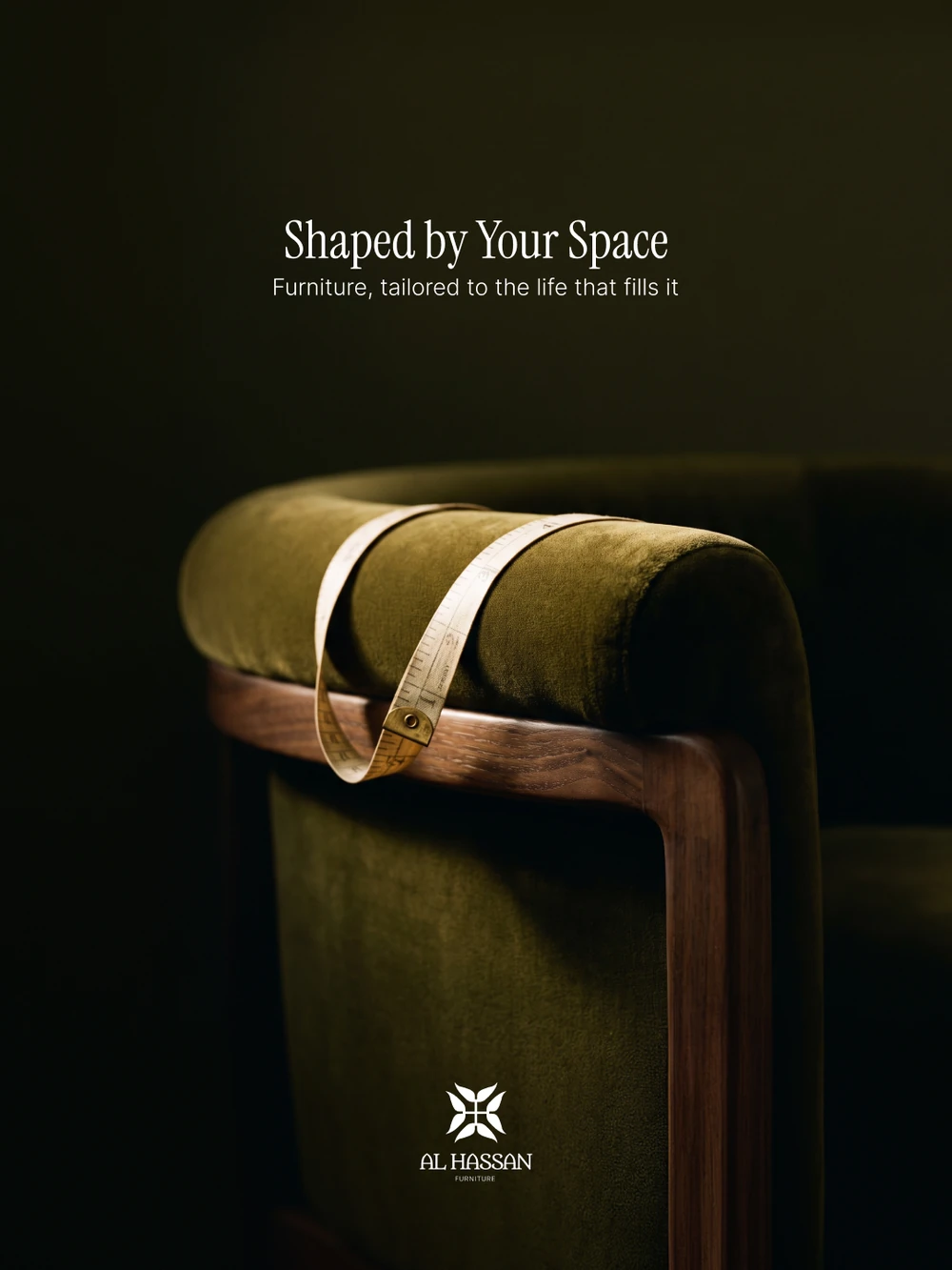 A six-frame campaign, each a single piece in a dark olive studio with a tailor’s tool on it: The Measure of a Home, a tape measure over a woven-seat chair; Cut for One Room, pins in a calico sofa arm; Where Every Piece Belongs, a folding rule on a fluted sideboard; Nothing Off the Shelf, a threaded needle in a tan leather armchair; Shaped by Your Space, a tape over an olive velvet tub chair; Made to Stay for Generations, a machinist’s square on a travertine table.