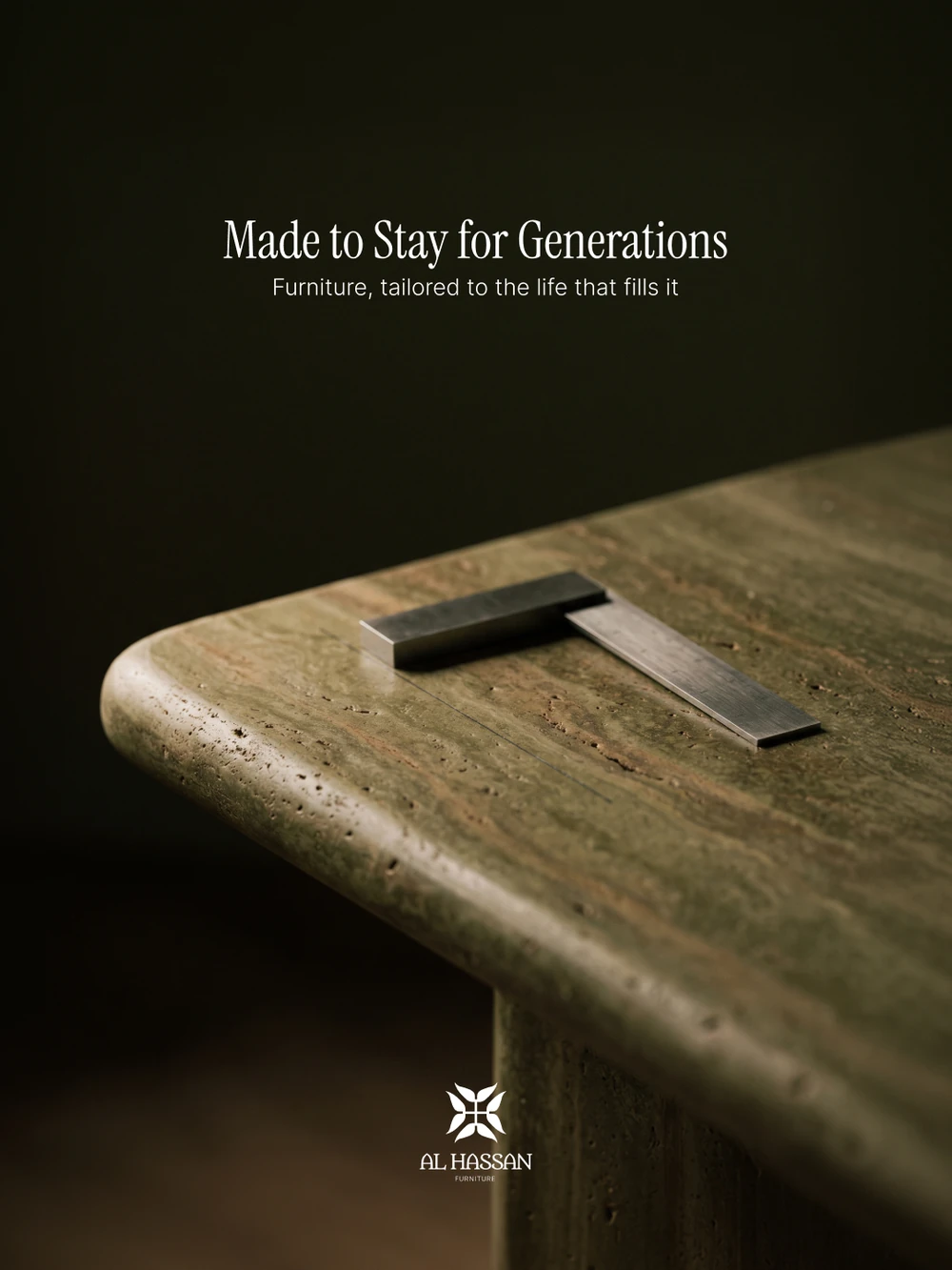 A six-frame campaign, each a single piece in a dark olive studio with a tailor’s tool on it: The Measure of a Home, a tape measure over a woven-seat chair; Cut for One Room, pins in a calico sofa arm; Where Every Piece Belongs, a folding rule on a fluted sideboard; Nothing Off the Shelf, a threaded needle in a tan leather armchair; Shaped by Your Space, a tape over an olive velvet tub chair; Made to Stay for Generations, a machinist’s square on a travertine table.