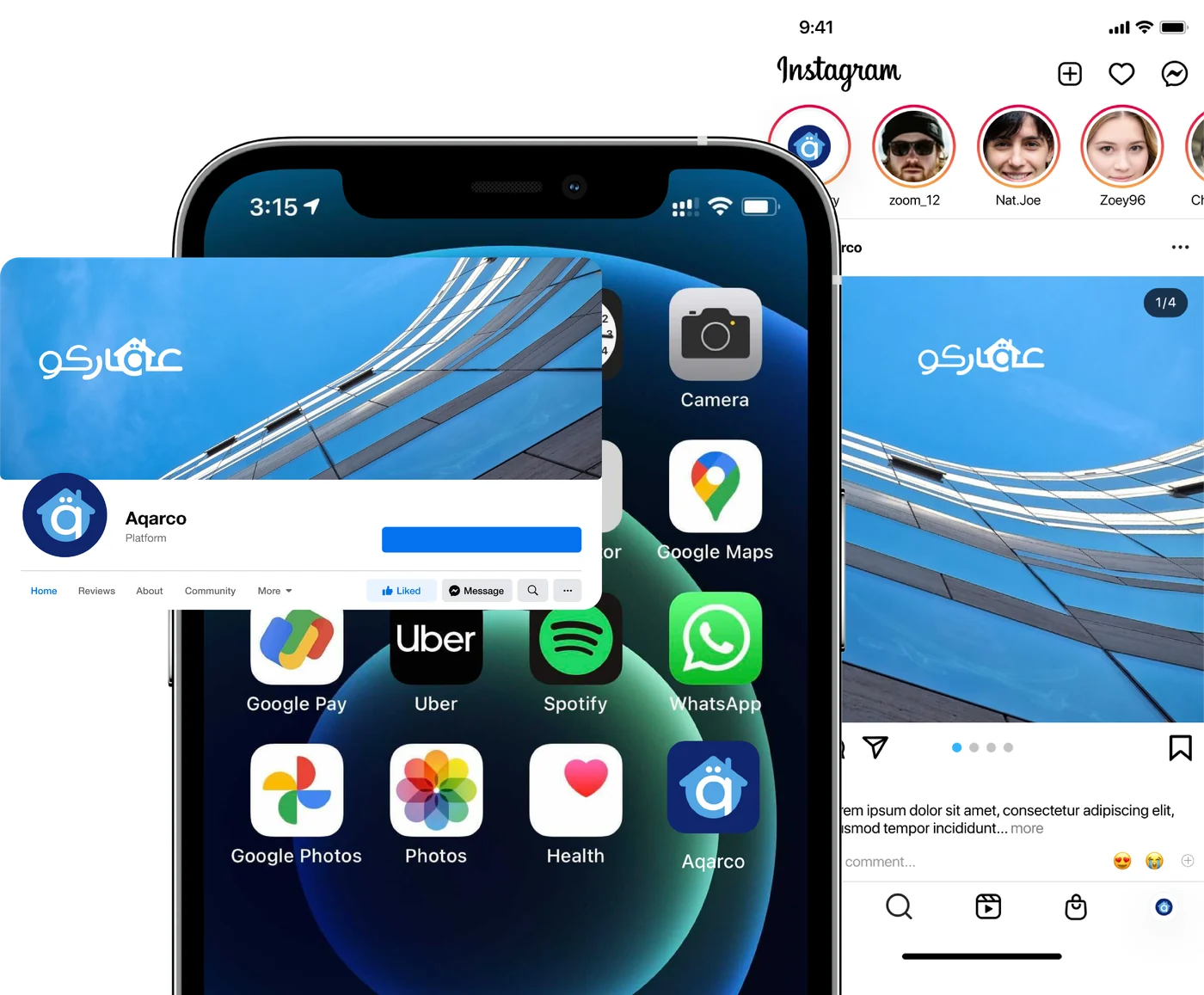 Applications: the app icon on a phone home screen, the social feed, and the web cover.