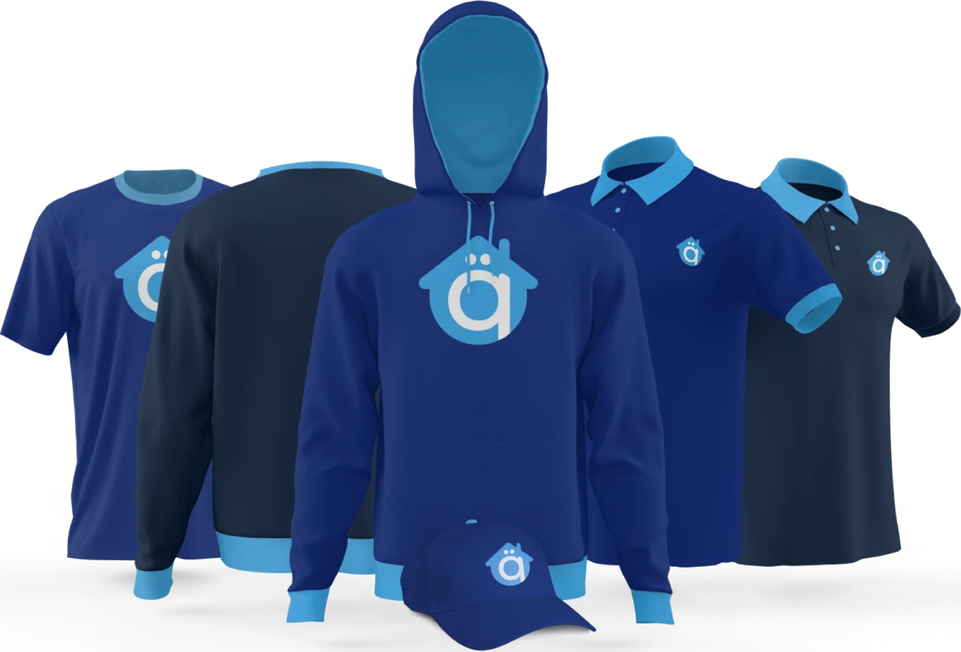Polo shirts and a hoodie in navy and soft blue, carrying the house mark.