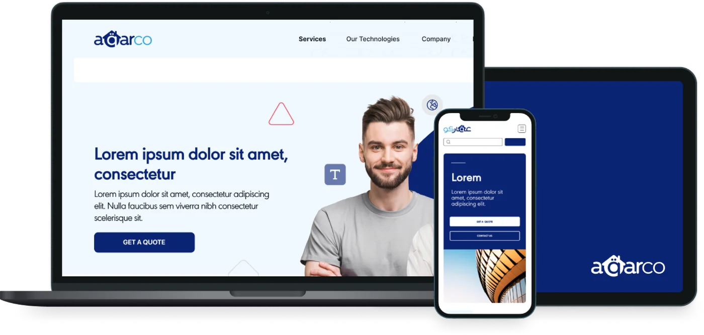 The website on a laptop and a phone, with the navy panel carrying the logotype.
