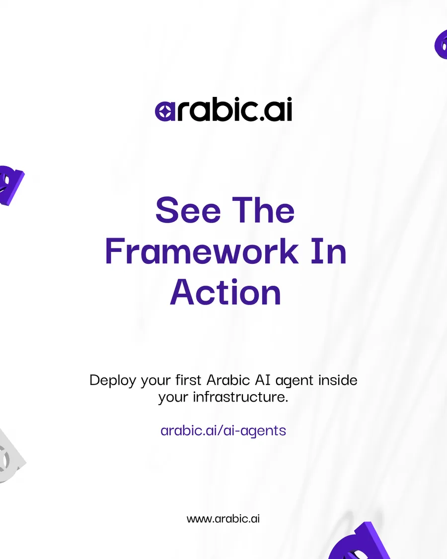 Six-slide carousel for arabic.ai agentic studio, the enterprise framework for building Arabic AI agents inside your infrastructure: built for Arabic and fluent in English, deployed inside your infrastructure, governance and control by design, an intelligent automation layer, and See The Framework In Action.
