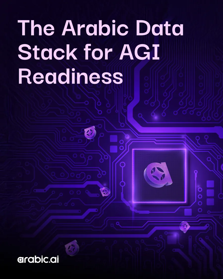 Ten-slide carousel, The Arabic Data Stack for AGI Readiness: understanding artificial general intelligence, why AGI requires more than scale, the limits of generic multilingual training, why Arabic requires a dedicated data stack, structured knowledge as the basis for future AGI, dialect intelligence as a system requirement, building the Arabic pipeline, and Build Arabic Intelligence That Scales.