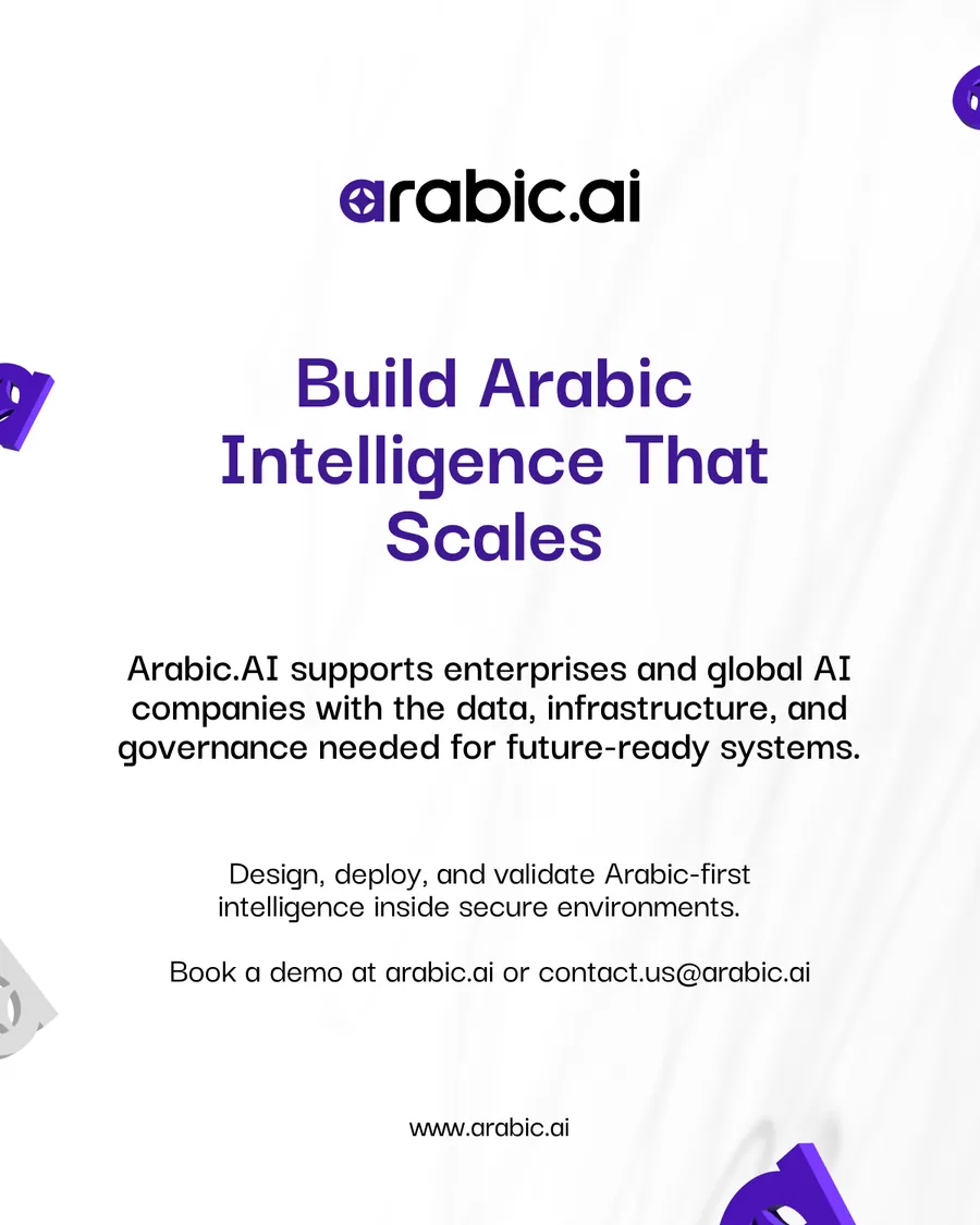 Ten-slide carousel, The Arabic Data Stack for AGI Readiness: understanding artificial general intelligence, why AGI requires more than scale, the limits of generic multilingual training, why Arabic requires a dedicated data stack, structured knowledge as the basis for future AGI, dialect intelligence as a system requirement, building the Arabic pipeline, and Build Arabic Intelligence That Scales.