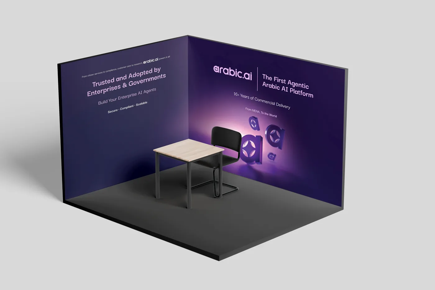 A render of the arabic.ai exhibition stand: two dark purple walls, one reading Trusted and Adopted by Enterprises and Governments, the other The First Agentic Arabic AI Platform, with a table and two chairs on a black floor.
