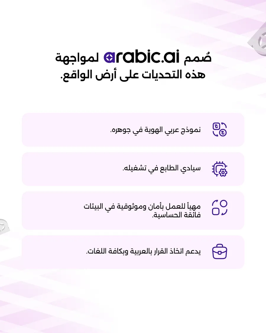 Fourteen slides, the same government deck in English and Arabic: continuity depends on information moving with speed, control and clarity; complexity is rising across every layer; what institutions need is not generic AI; arabic.ai was built for these realities; a stronger layer for coordination and resilience; the strategic question is now clear; sovereign Arabic AI for continuity, coordination and national resilience.
