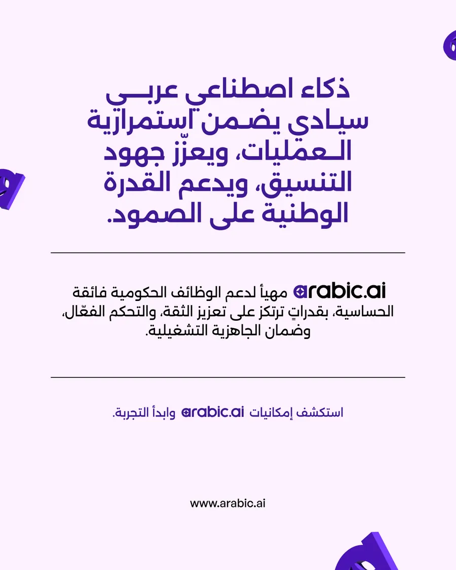 Fourteen slides, the same government deck in English and Arabic: continuity depends on information moving with speed, control and clarity; complexity is rising across every layer; what institutions need is not generic AI; arabic.ai was built for these realities; a stronger layer for coordination and resilience; the strategic question is now clear; sovereign Arabic AI for continuity, coordination and national resilience.