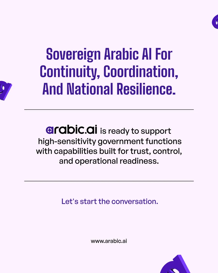 Fourteen slides, the same government deck in English and Arabic: continuity depends on information moving with speed, control and clarity; complexity is rising across every layer; what institutions need is not generic AI; arabic.ai was built for these realities; a stronger layer for coordination and resilience; the strategic question is now clear; sovereign Arabic AI for continuity, coordination and national resilience.