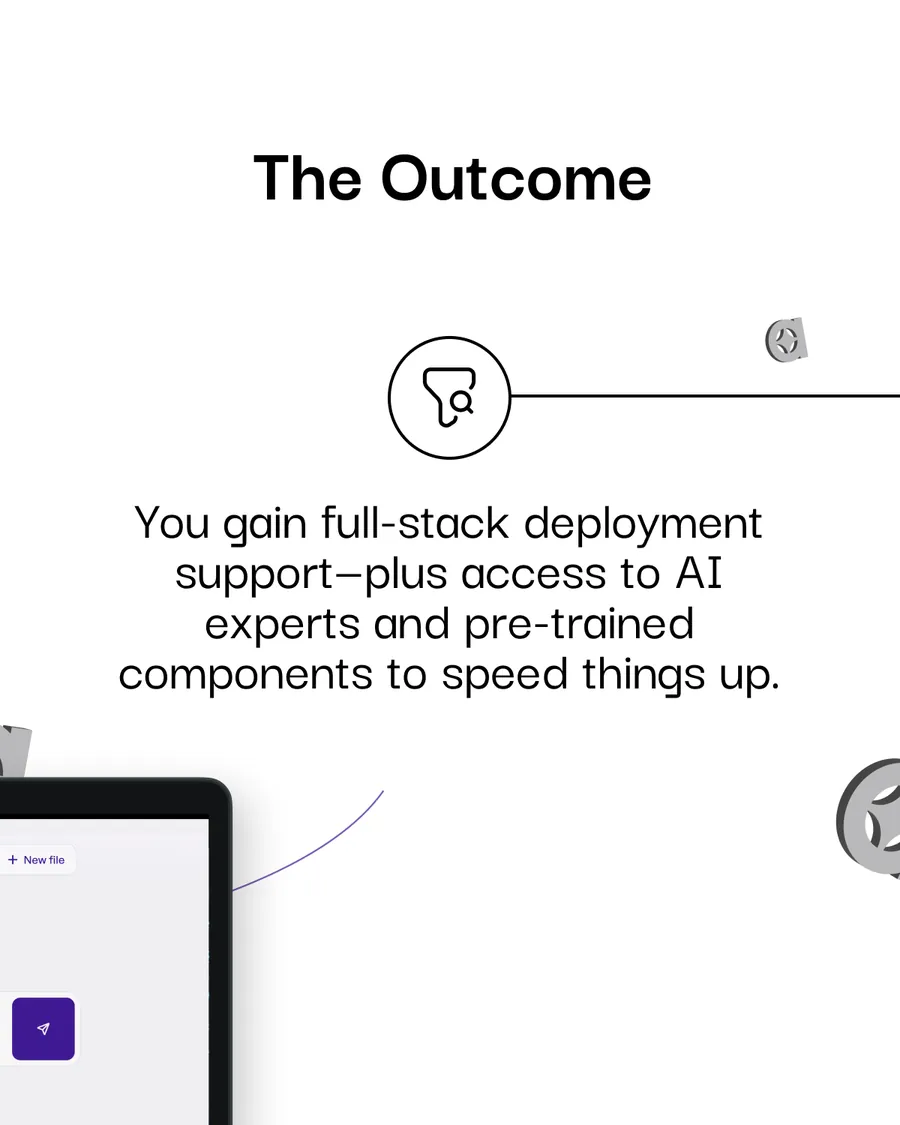 Eighteen slides, three consulting carousels on one template: Data Assets Are Wasted Without Strategy, From Model Idea to Impactful Deployment, and Don’t Just Use AI — Integrate It Deeply; each running What We Do, How We Do It, two Outcome slides, and Trusted Partner to Leading Enterprises in MENA.