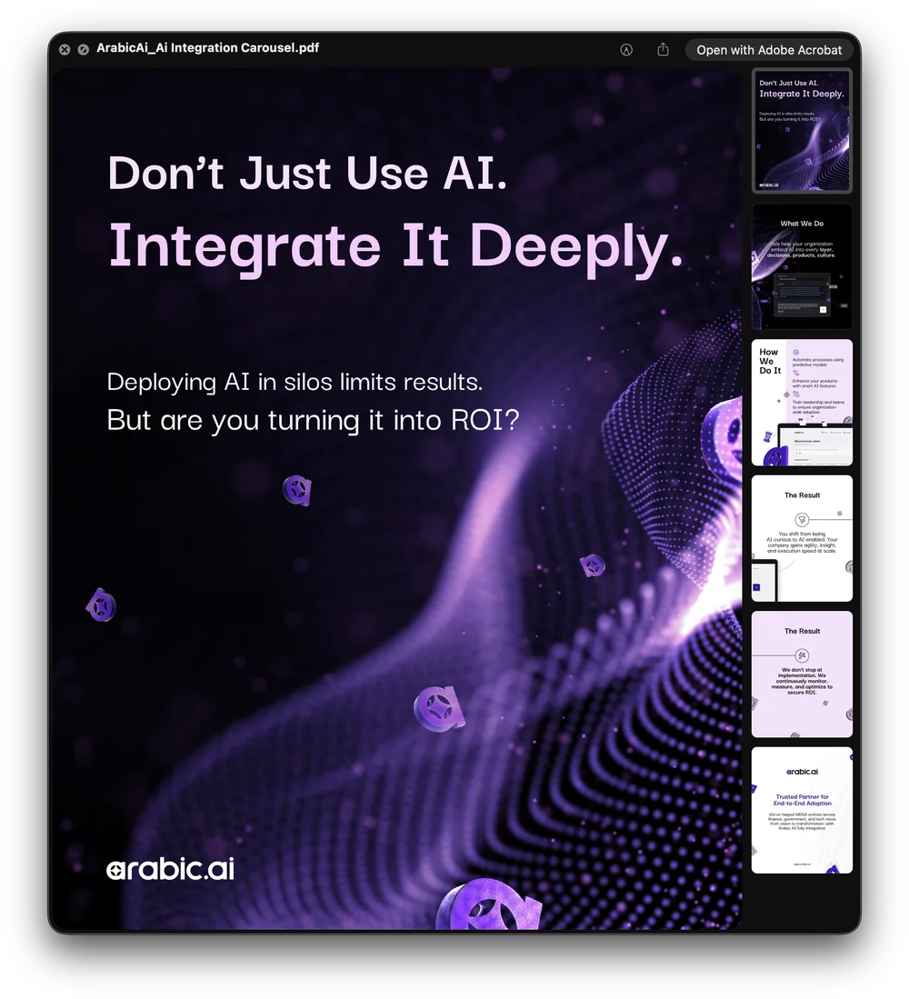Nineteen arabic.ai documents open on screen with their page thumbnails beside them: Don’t Just Use AI, the government continuity report in Arabic and English, The Dialect Blind Spot, two Ureed one-pagers, the AGRID brochure, How Smart Companies in the Arab World Train for the AI Era, Sovereign Agentic AI for Defense in GCC/MENA, the Saudi Arabic-language compliance guide, the Microsoft credits playbook, 3 Reasons Your Arabic AI Pilot Will Never Reach Production, AI Agents for management consultant, AI Agents in Finance Sector, The Agentic Platform Playbook and Train Arabic LLMs Your Customers Actually Trust.