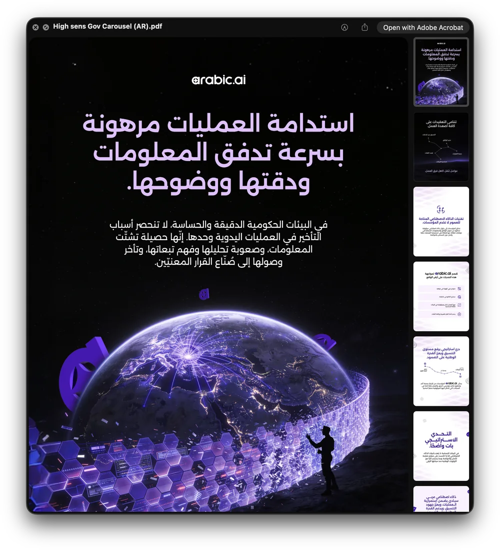 Nineteen arabic.ai documents open on screen with their page thumbnails beside them: Don’t Just Use AI, the government continuity report in Arabic and English, The Dialect Blind Spot, two Ureed one-pagers, the AGRID brochure, How Smart Companies in the Arab World Train for the AI Era, Sovereign Agentic AI for Defense in GCC/MENA, the Saudi Arabic-language compliance guide, the Microsoft credits playbook, 3 Reasons Your Arabic AI Pilot Will Never Reach Production, AI Agents for management consultant, AI Agents in Finance Sector, The Agentic Platform Playbook and Train Arabic LLMs Your Customers Actually Trust.