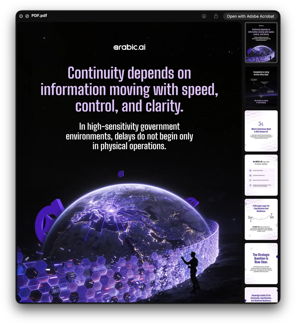 Nineteen arabic.ai documents open on screen with their page thumbnails beside them: Don’t Just Use AI, the government continuity report in Arabic and English, The Dialect Blind Spot, two Ureed one-pagers, the AGRID brochure, How Smart Companies in the Arab World Train for the AI Era, Sovereign Agentic AI for Defense in GCC/MENA, the Saudi Arabic-language compliance guide, the Microsoft credits playbook, 3 Reasons Your Arabic AI Pilot Will Never Reach Production, AI Agents for management consultant, AI Agents in Finance Sector, The Agentic Platform Playbook and Train Arabic LLMs Your Customers Actually Trust.