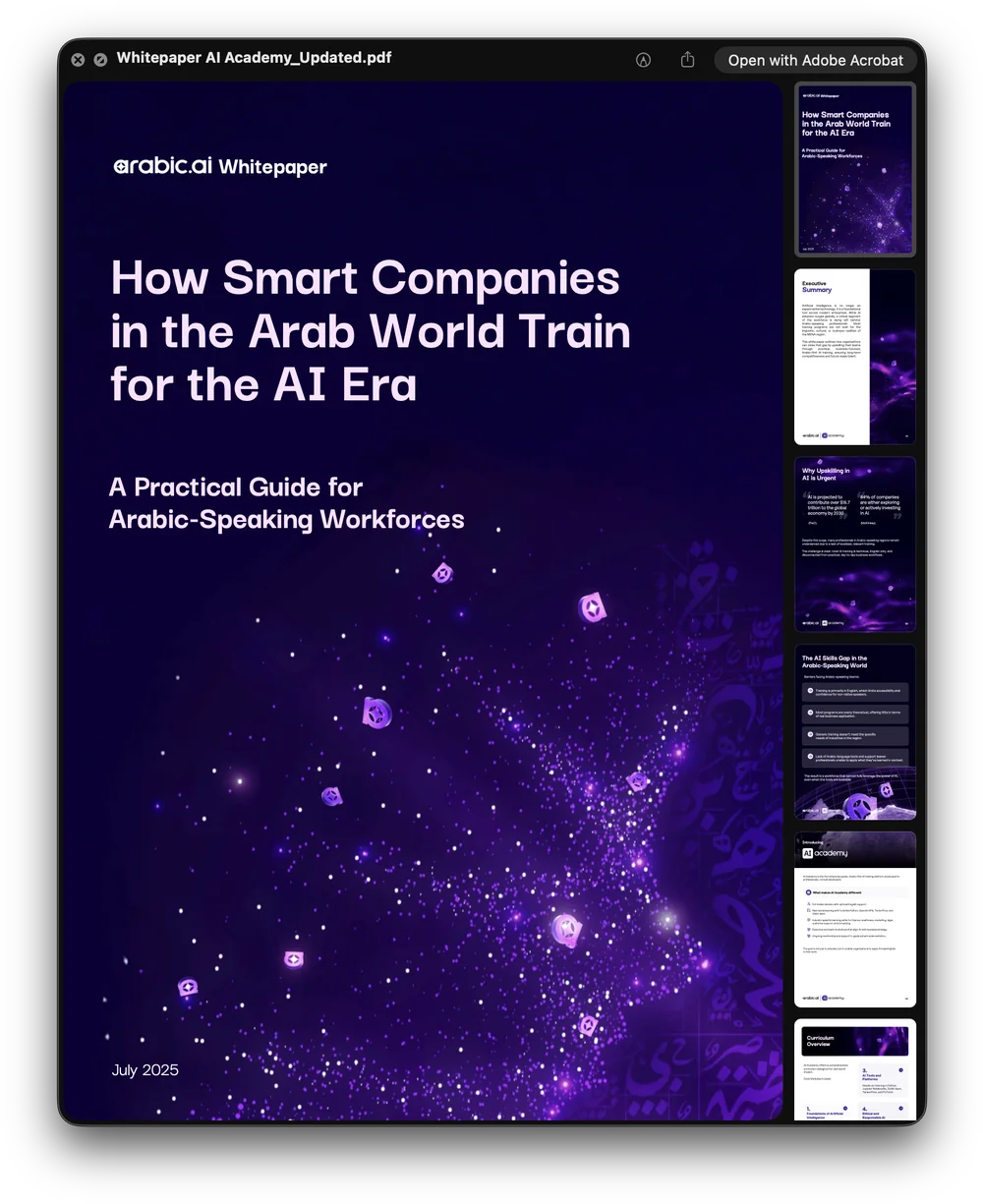 Nineteen arabic.ai documents open on screen with their page thumbnails beside them: Don’t Just Use AI, the government continuity report in Arabic and English, The Dialect Blind Spot, two Ureed one-pagers, the AGRID brochure, How Smart Companies in the Arab World Train for the AI Era, Sovereign Agentic AI for Defense in GCC/MENA, the Saudi Arabic-language compliance guide, the Microsoft credits playbook, 3 Reasons Your Arabic AI Pilot Will Never Reach Production, AI Agents for management consultant, AI Agents in Finance Sector, The Agentic Platform Playbook and Train Arabic LLMs Your Customers Actually Trust.