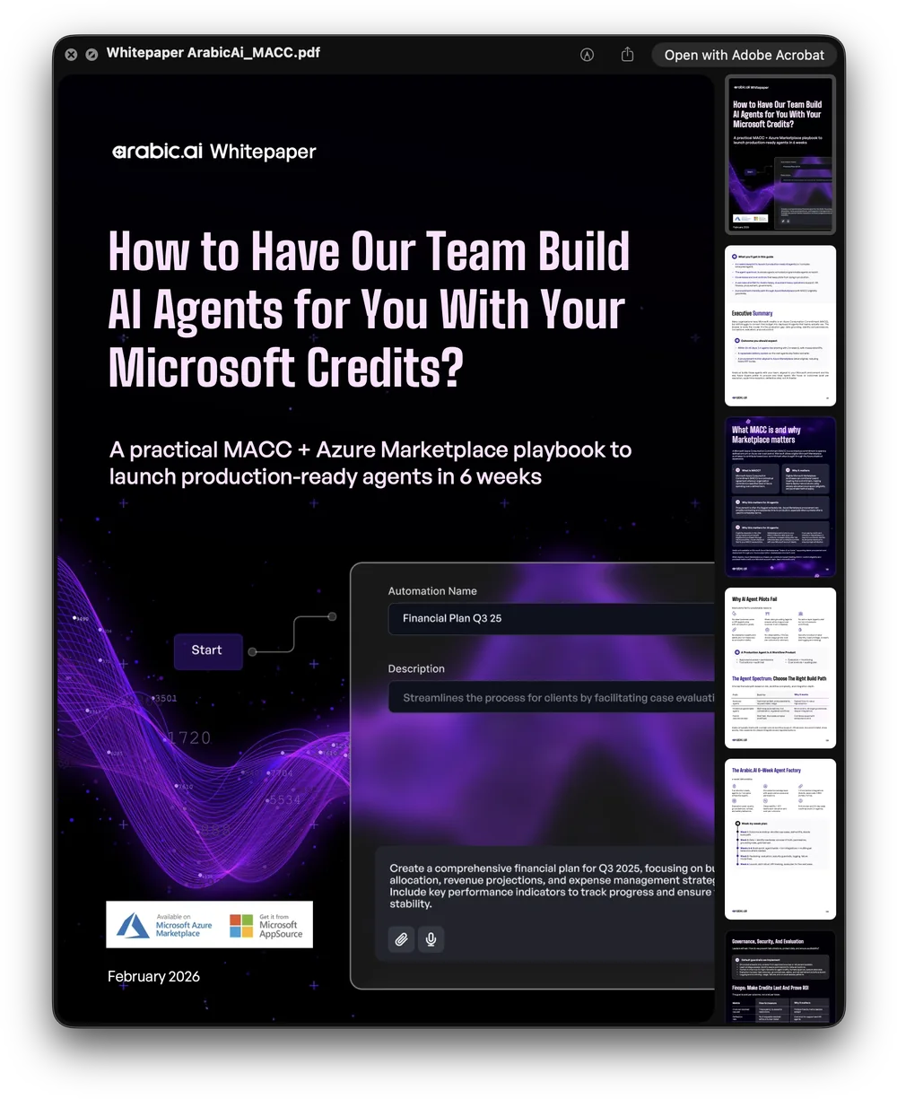 Nineteen arabic.ai documents open on screen with their page thumbnails beside them: Don’t Just Use AI, the government continuity report in Arabic and English, The Dialect Blind Spot, two Ureed one-pagers, the AGRID brochure, How Smart Companies in the Arab World Train for the AI Era, Sovereign Agentic AI for Defense in GCC/MENA, the Saudi Arabic-language compliance guide, the Microsoft credits playbook, 3 Reasons Your Arabic AI Pilot Will Never Reach Production, AI Agents for management consultant, AI Agents in Finance Sector, The Agentic Platform Playbook and Train Arabic LLMs Your Customers Actually Trust.