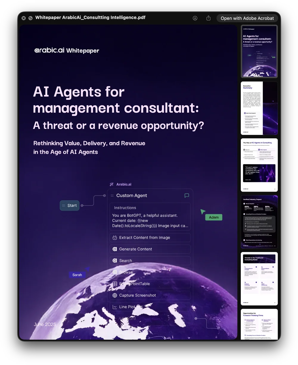 Nineteen arabic.ai documents open on screen with their page thumbnails beside them: Don’t Just Use AI, the government continuity report in Arabic and English, The Dialect Blind Spot, two Ureed one-pagers, the AGRID brochure, How Smart Companies in the Arab World Train for the AI Era, Sovereign Agentic AI for Defense in GCC/MENA, the Saudi Arabic-language compliance guide, the Microsoft credits playbook, 3 Reasons Your Arabic AI Pilot Will Never Reach Production, AI Agents for management consultant, AI Agents in Finance Sector, The Agentic Platform Playbook and Train Arabic LLMs Your Customers Actually Trust.