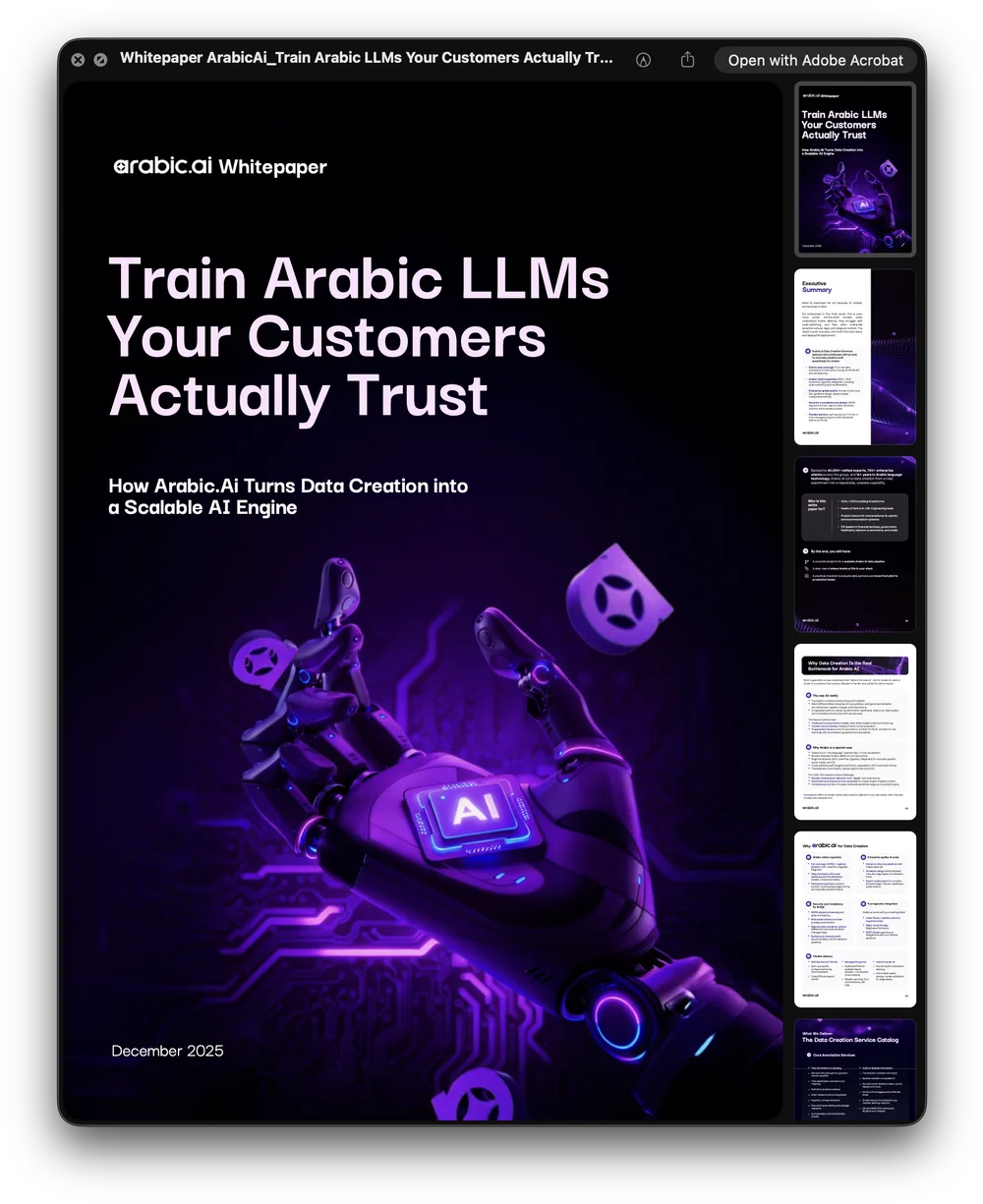 Nineteen arabic.ai documents open on screen with their page thumbnails beside them: Don’t Just Use AI, the government continuity report in Arabic and English, The Dialect Blind Spot, two Ureed one-pagers, the AGRID brochure, How Smart Companies in the Arab World Train for the AI Era, Sovereign Agentic AI for Defense in GCC/MENA, the Saudi Arabic-language compliance guide, the Microsoft credits playbook, 3 Reasons Your Arabic AI Pilot Will Never Reach Production, AI Agents for management consultant, AI Agents in Finance Sector, The Agentic Platform Playbook and Train Arabic LLMs Your Customers Actually Trust.