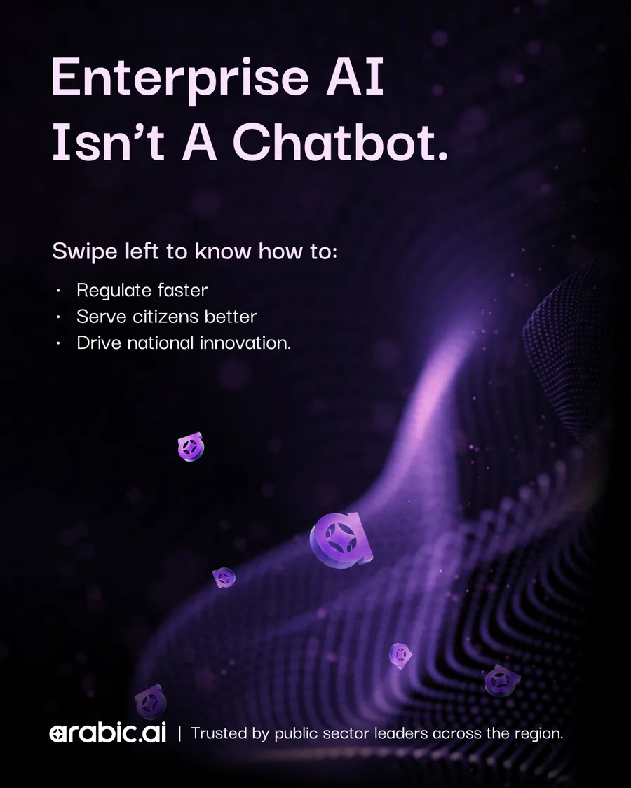 Thirteen slides: two covers — Enterprise AI Isn’t A Chatbot and AI for Governments Isn’t Optional Anymore — over one shared body of regulation without red tape, 24/7 citizen service agents, insights from every corner, and the AI agent you actually need, followed by the same deck set in Arabic.