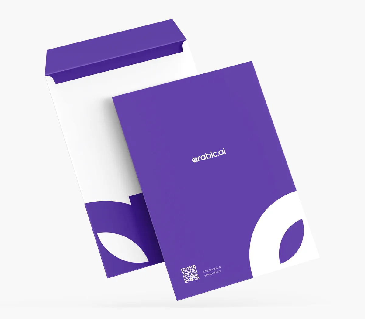 Two arabic.ai envelope and folder mockups: one with a purple folder and white envelope, one with a white folder and purple envelope, both carrying the leaf shape cut out of the bottom corner.