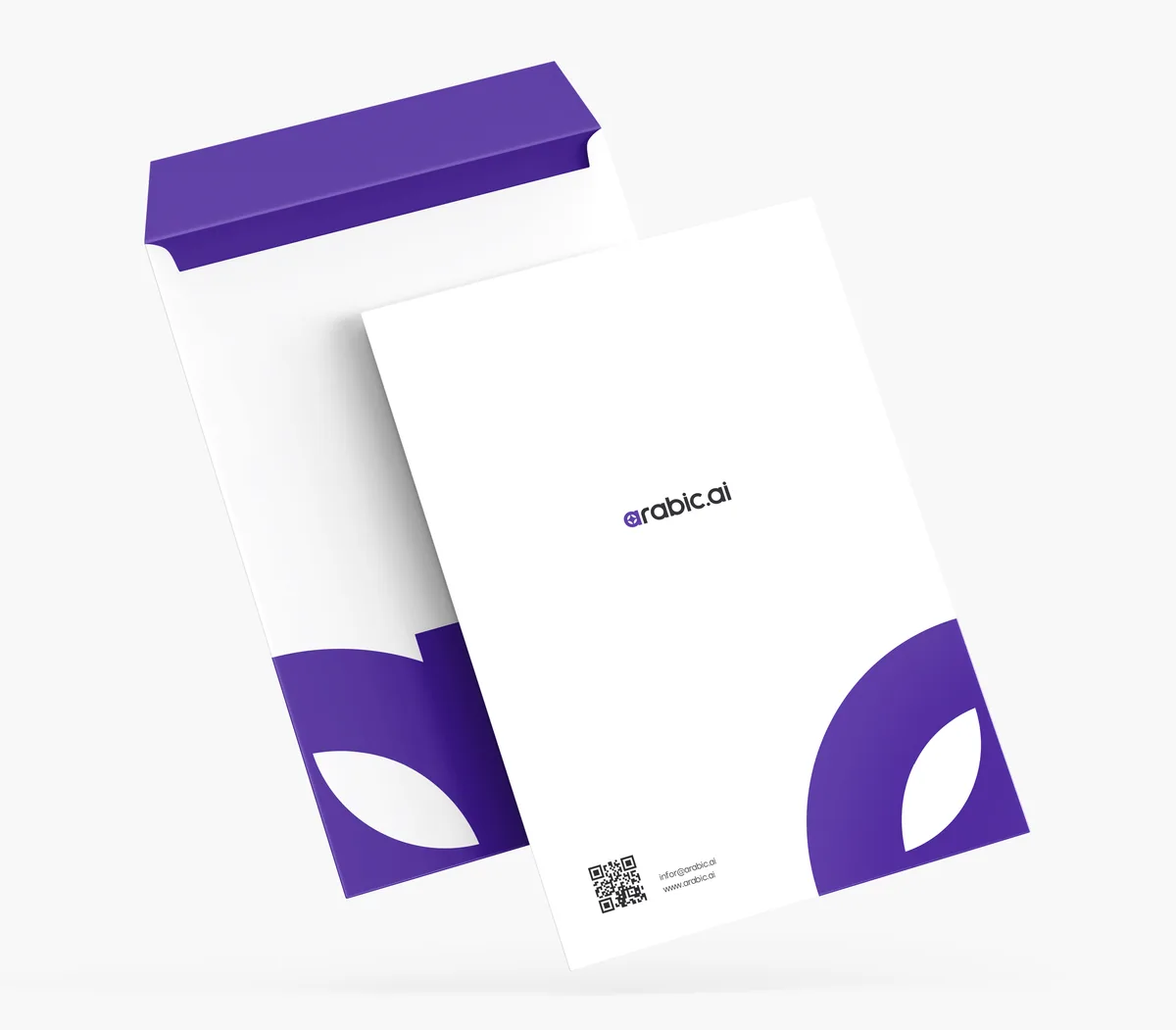 Two arabic.ai envelope and folder mockups: one with a purple folder and white envelope, one with a white folder and purple envelope, both carrying the leaf shape cut out of the bottom corner.