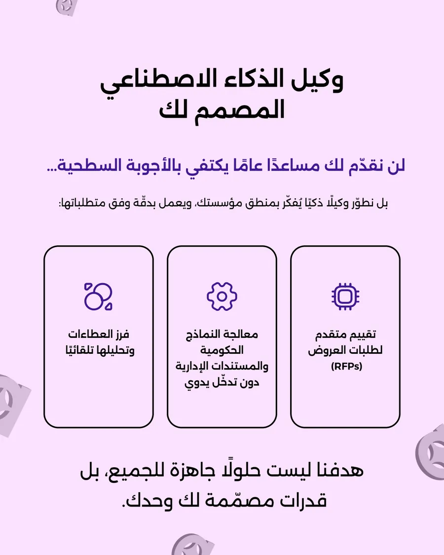 Thirteen slides: two covers — Enterprise AI Isn’t A Chatbot and AI for Governments Isn’t Optional Anymore — over one shared body of regulation without red tape, 24/7 citizen service agents, insights from every corner, and the AI agent you actually need, followed by the same deck set in Arabic.