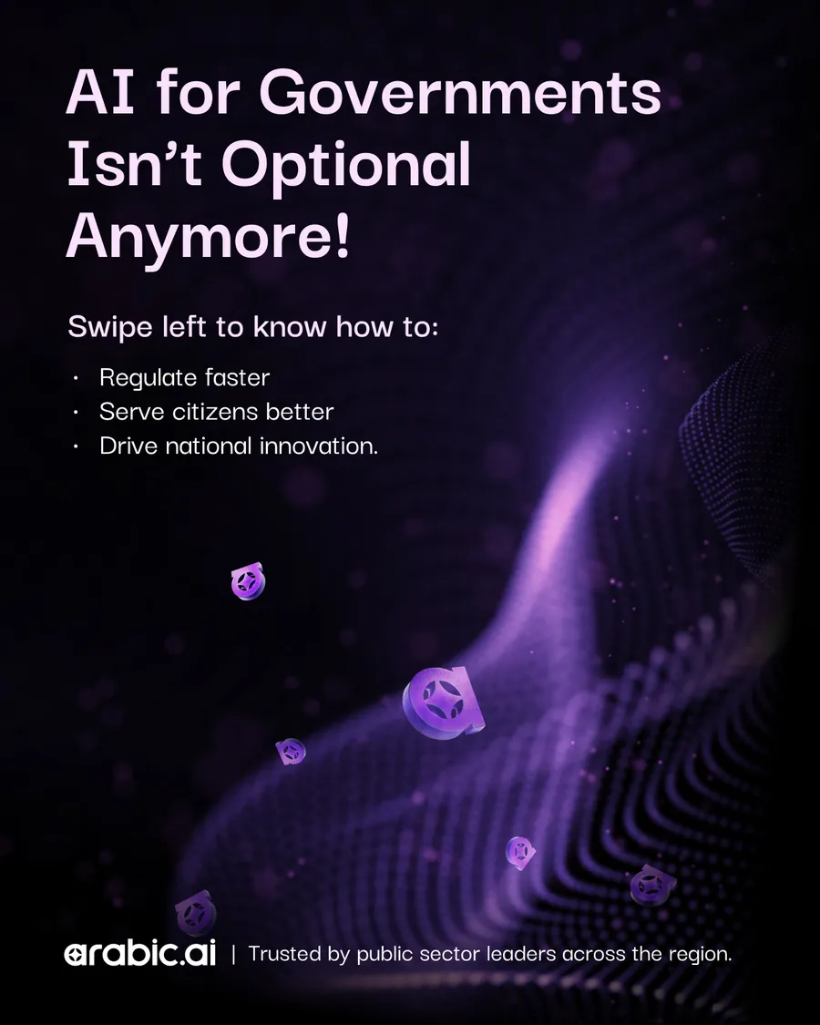 Thirteen slides: two covers — Enterprise AI Isn’t A Chatbot and AI for Governments Isn’t Optional Anymore — over one shared body of regulation without red tape, 24/7 citizen service agents, insights from every corner, and the AI agent you actually need, followed by the same deck set in Arabic.
