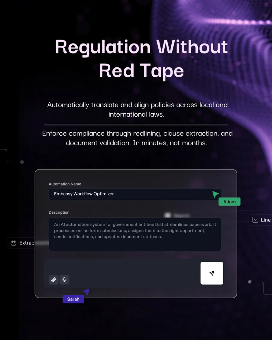 Thirteen slides: two covers — Enterprise AI Isn’t A Chatbot and AI for Governments Isn’t Optional Anymore — over one shared body of regulation without red tape, 24/7 citizen service agents, insights from every corner, and the AI agent you actually need, followed by the same deck set in Arabic.
