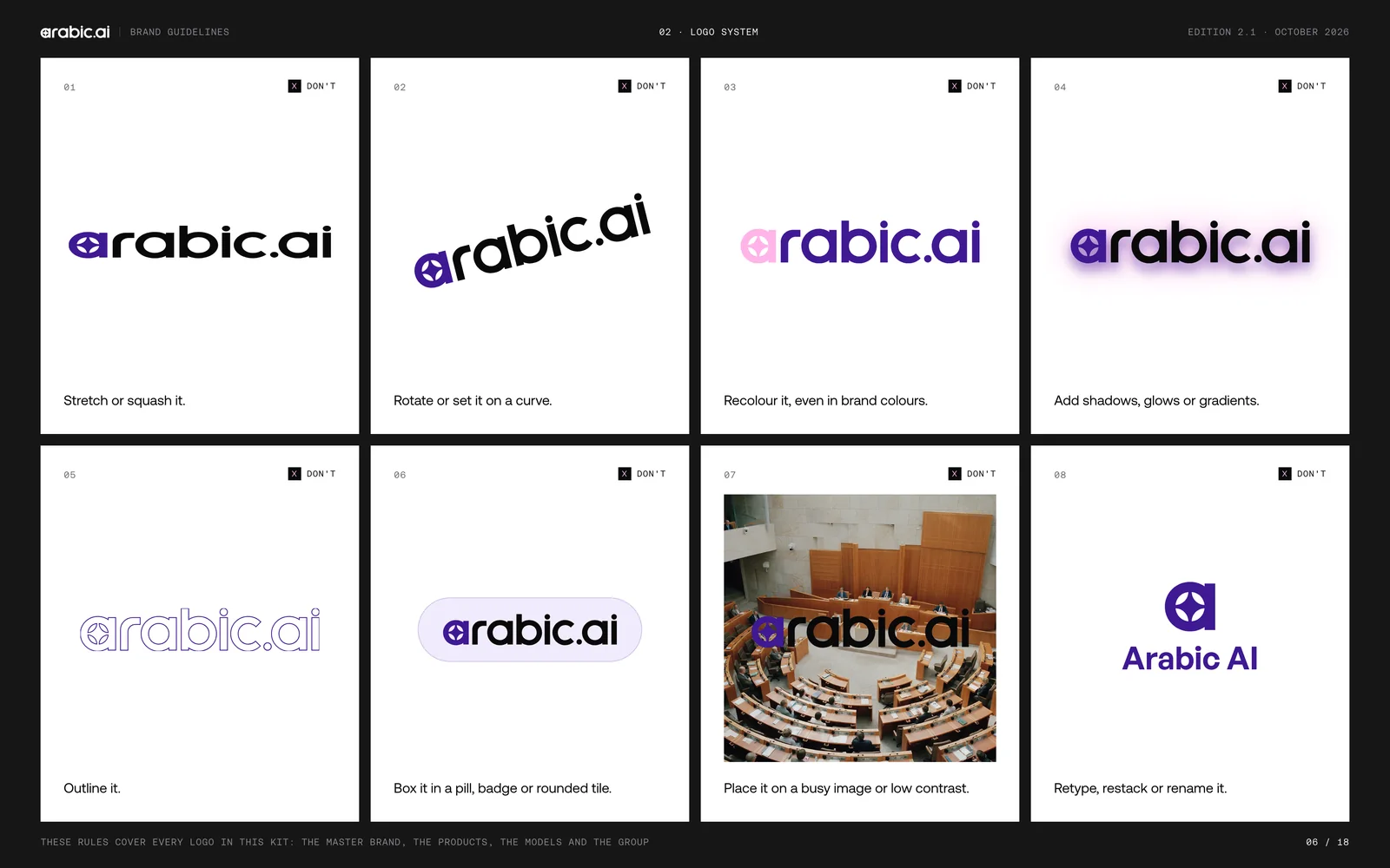 Eighteen brand-guideline boards for arabic.ai: the cover, the brand world, the wordmark, clear space and minimum size, the colour versions, eight kinds of misuse, the brand architecture, the product logos for Atelier, Sadu and Data Services, the model logos for llm-X, llm-S, llm-T, tts-model and stt-model, the group logos for Tarjama, Screens, The Content Lab and Ureed, the purple and pink palette, surfaces and contrast ratios, Aeonik and DM Sans with Aeonik Arabic, the stepped pixel mosaic, the dusk-not-neon imagery rule, voice and tone, right-to-left rules, and the open questions page.
