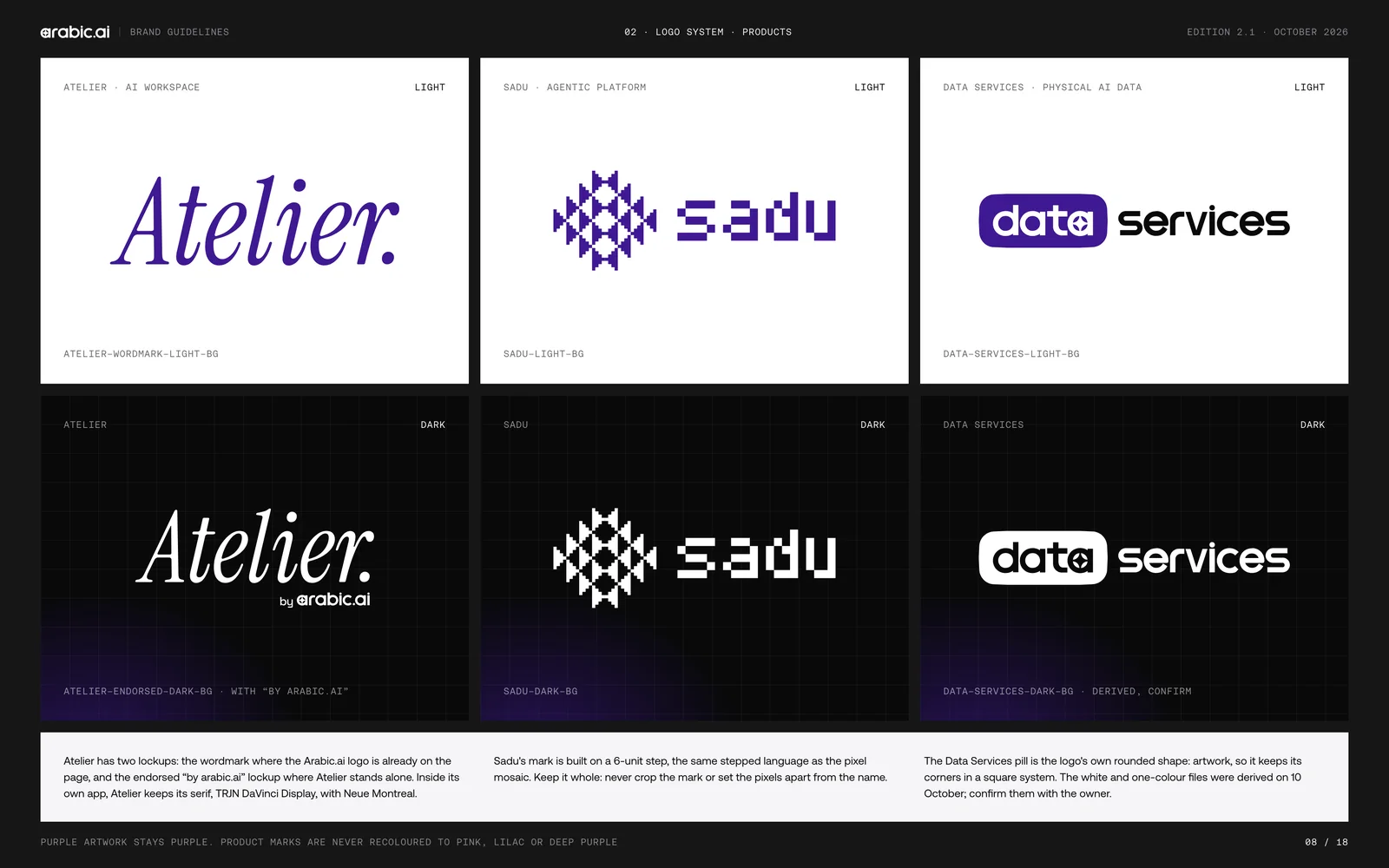 Eighteen brand-guideline boards for arabic.ai: the cover, the brand world, the wordmark, clear space and minimum size, the colour versions, eight kinds of misuse, the brand architecture, the product logos for Atelier, Sadu and Data Services, the model logos for llm-X, llm-S, llm-T, tts-model and stt-model, the group logos for Tarjama, Screens, The Content Lab and Ureed, the purple and pink palette, surfaces and contrast ratios, Aeonik and DM Sans with Aeonik Arabic, the stepped pixel mosaic, the dusk-not-neon imagery rule, voice and tone, right-to-left rules, and the open questions page.
