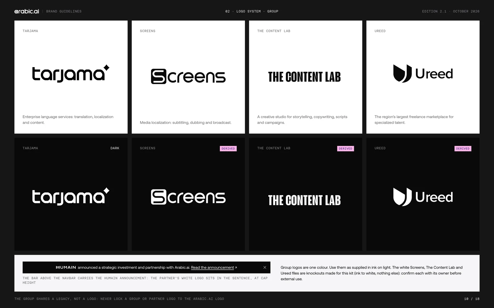 Eighteen brand-guideline boards for arabic.ai: the cover, the brand world, the wordmark, clear space and minimum size, the colour versions, eight kinds of misuse, the brand architecture, the product logos for Atelier, Sadu and Data Services, the model logos for llm-X, llm-S, llm-T, tts-model and stt-model, the group logos for Tarjama, Screens, The Content Lab and Ureed, the purple and pink palette, surfaces and contrast ratios, Aeonik and DM Sans with Aeonik Arabic, the stepped pixel mosaic, the dusk-not-neon imagery rule, voice and tone, right-to-left rules, and the open questions page.