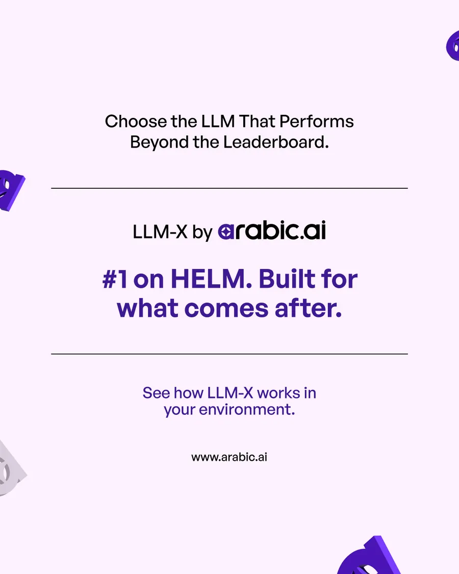 Nine-slide carousel, Beyond the Leaderboard: 4 Things to Evaluate Before Choosing an Arabic LLM — why leaderboards matter, Arabic.AI LLM-X ranks #1 on Stanford HELM, a leaderboard is one dimension, then deployment-grade readiness, safety and security layers, right-sized models, and hallucination control in high-stakes Arabic.