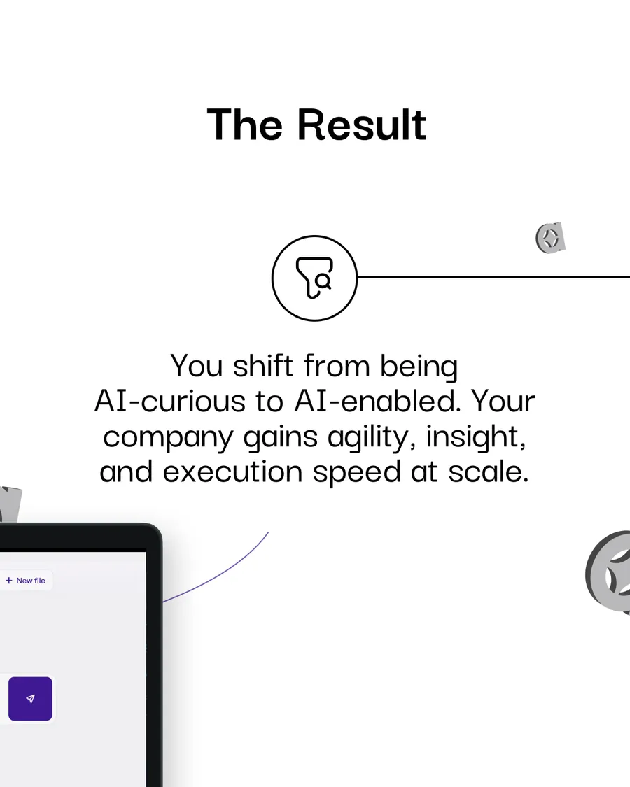 Eighteen slides, three consulting carousels on one template: Data Assets Are Wasted Without Strategy, From Model Idea to Impactful Deployment, and Don’t Just Use AI — Integrate It Deeply; each running What We Do, How We Do It, two Outcome slides, and Trusted Partner to Leading Enterprises in MENA.