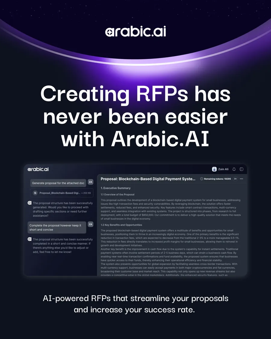 Fifteen announcement posts: We’re Here to Reshape It; Shaping the Future of Arabic AI; Custom AI Agents That Are as Unique as Your Business; Smarter Compliance; Government Services Transformed; Supercharge your Financials Team; AI + Human Expertise; Enterprise-Grade Security You Can Rely On; Not All AI Is Created Equal; Creating RFPs has never been easier; pronoia, the engine behind Arabic.AI; Arabic.AI is shaping what’s next; AI for Healthcare; The Power of Arabic Language Aware AI; Empowering MENA Businesses with Arabic.AI.