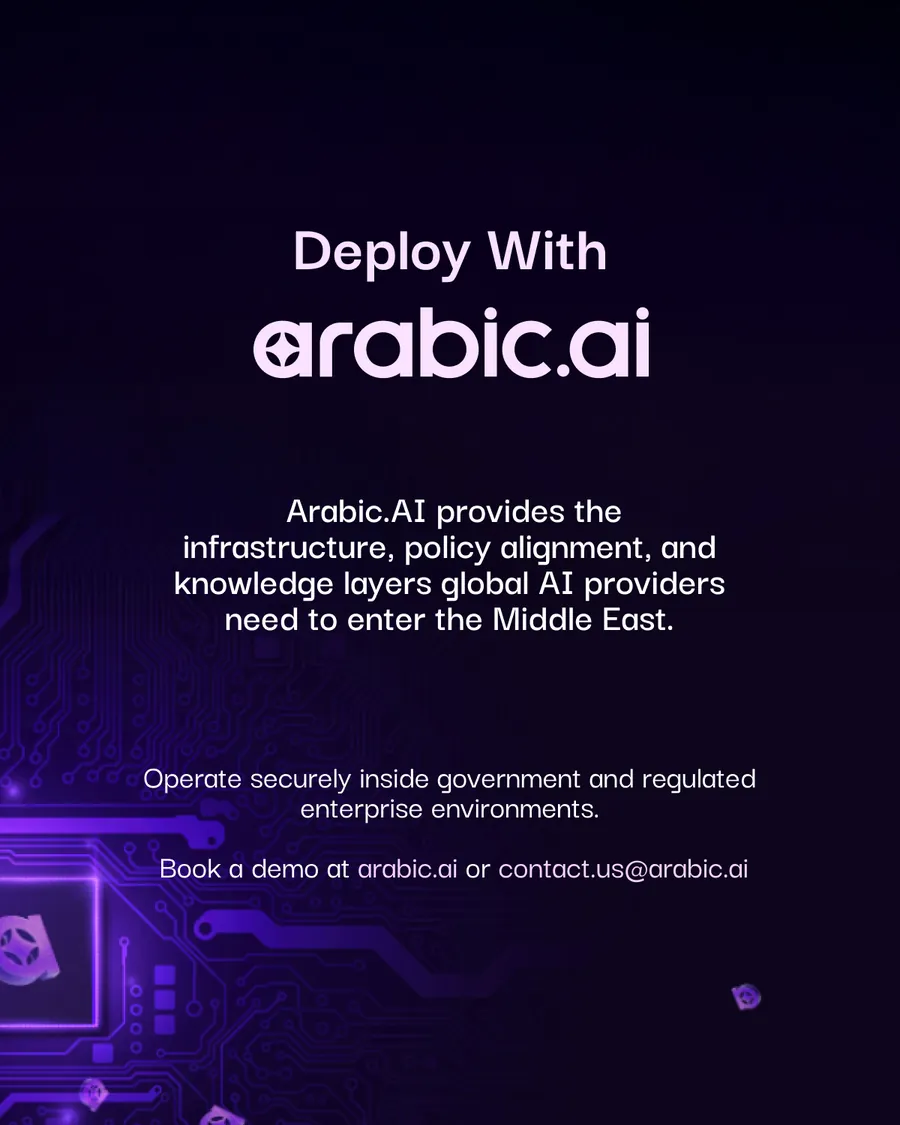 Ten-slide carousel, How Global AI Systems Enter MENA Through arabic.ai: the regional AI entry problem, the compliance adapter layer, interoperability across fragmented ecosystems, region-specific inference controls, knowledge rectification and Arabic grounding, multi-tenant isolation for international providers, operational governance for global LLMs, and a technical gateway to regional deployment.