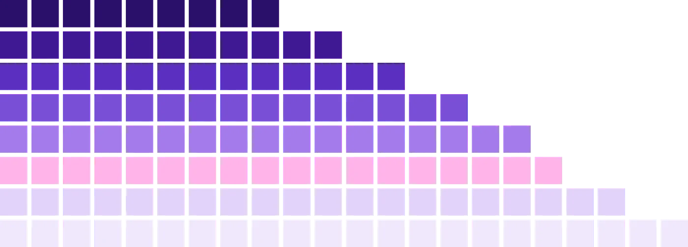 The arabic.ai pixel mosaic at two sizes: stepped rows of squares descending from deep purple through violet to pink and pale lilac, each row shorter than the one below it.