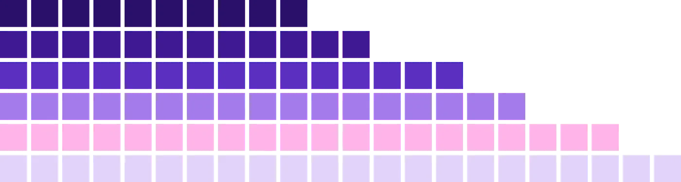 The arabic.ai pixel mosaic at two sizes: stepped rows of squares descending from deep purple through violet to pink and pale lilac, each row shorter than the one below it.
