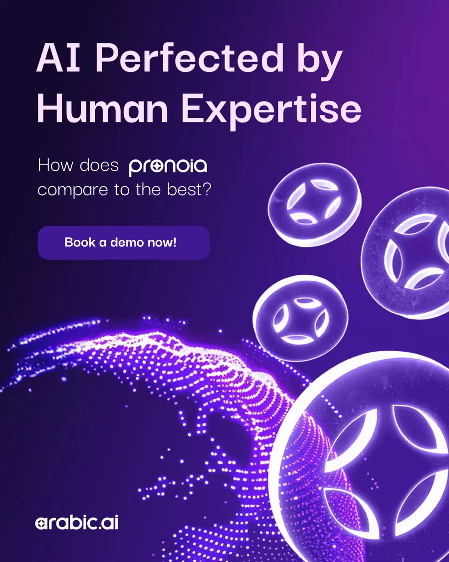 Four-slide carousel: AI Perfected by Human Expertise — how does pronoia compare to the best? — followed by three grouped bar charts comparing pronoia-ar on Arabic benchmarks against DeepSeek 70B, Cohere 7B and ChatGPT 4o.