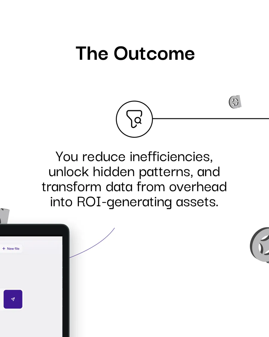 Eighteen slides, three consulting carousels on one template: Data Assets Are Wasted Without Strategy, From Model Idea to Impactful Deployment, and Don’t Just Use AI — Integrate It Deeply; each running What We Do, How We Do It, two Outcome slides, and Trusted Partner to Leading Enterprises in MENA.