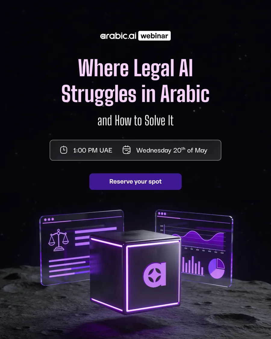Seven webinar assets: Fluent outputs are easy to generate; AI shouldn’t inflate your operational costs; then Sovereign AI in MENA — Beyond On-Premise to True Arabic-Native Intelligence — as a date card, a poll, a speaker frame and a live reminder; and Where Legal AI Struggles in Arabic.