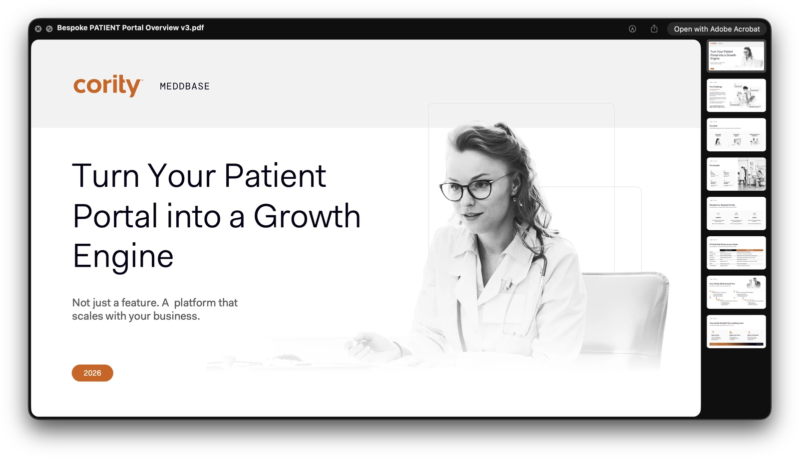 The Bespoke Patient Portal Overview deck, 2026: the cover reading “Turn Your Patient Portal into a Growth Engine — not just a feature, a platform that scales with your business”, with the rest of its pages in the thumbnail rail beside it.