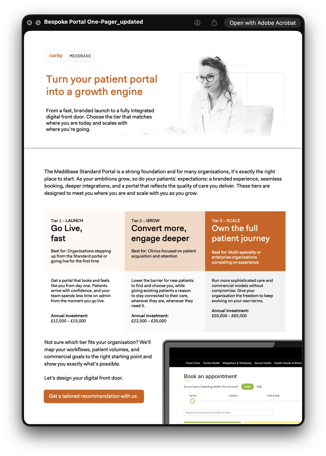 The bespoke portal one-pager: Turn your patient portal into a growth engine, with three tiers — Launch, Grow and Scale — on a ground that deepens from pale to full orange, their annual investment under each, and a closing call to action.